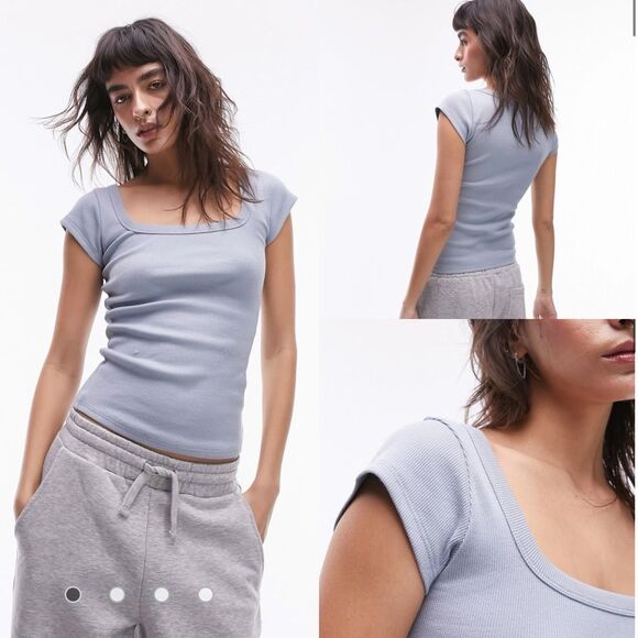 Topshop Periwinkle Ribbed Square Neck Cap Sleeve Top sz 12 - Picture 2 of 10